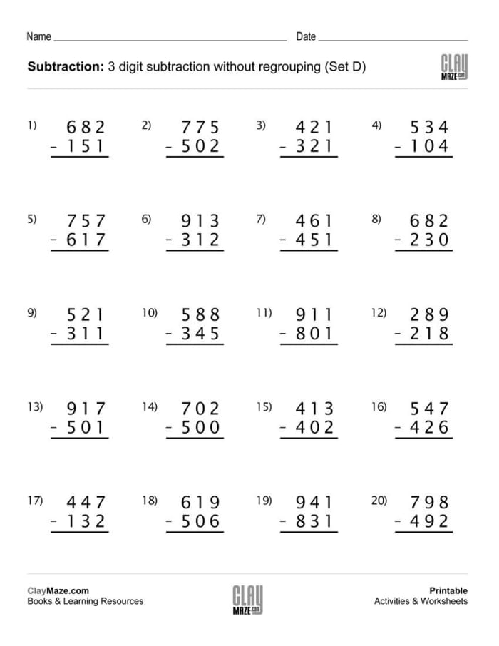 Review Three-Digit Subtraction Worksheet for Grade Two Number 14 Second grade student completing a review three-digit subtraction worksheet