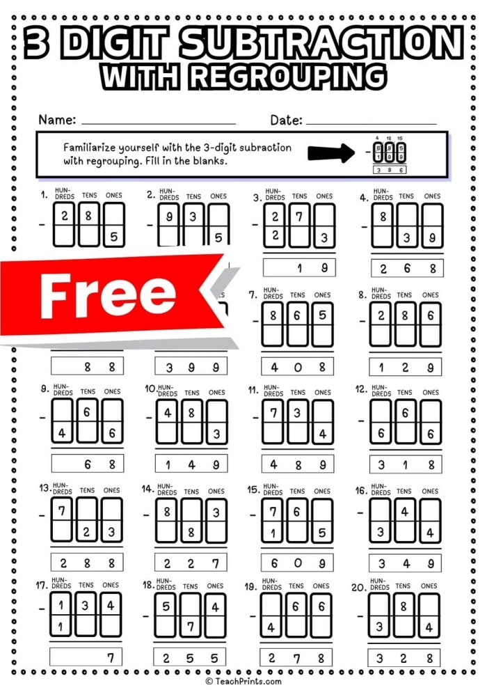 Three-Digit Subtraction with Regrouping Practice Worksheet Number 9 Third grade math worksheet featuring 40 practice problems for 3-digit subtraction with regrouping