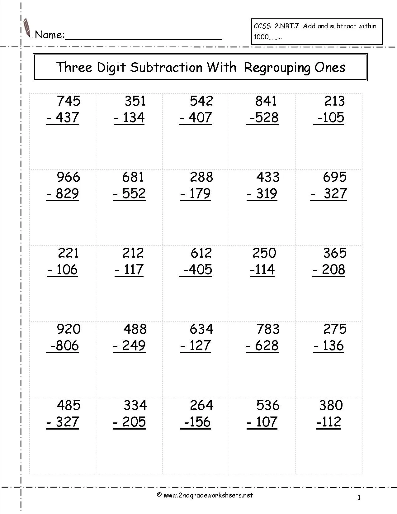 Engaging math activity for kids to practice subtraction with 3-digit numbers and regrouping 3-Digit subtraction worksheet for second graders featuring bouncy balls and regrouping problems