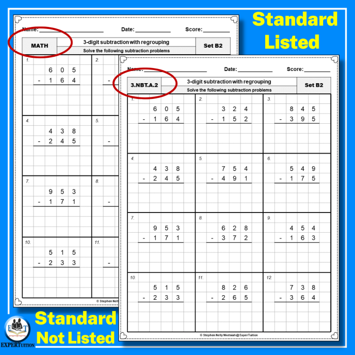 Practice sheet for 3-Digit Subtraction with Regrouping, ideal for third-grade math skills 3-Digit subtraction worksheet featuring over 40 problems with regrouping for third graders