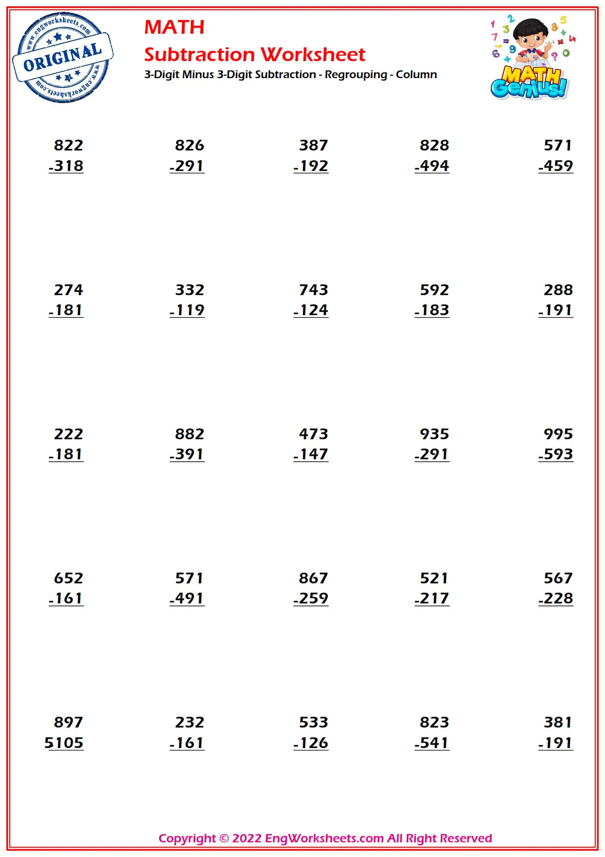 Engaging worksheet image for mastering three-digit subtraction with regrouping techniques 3-Digit Subtraction with Regrouping worksheet featuring over 40 practice problems for third graders