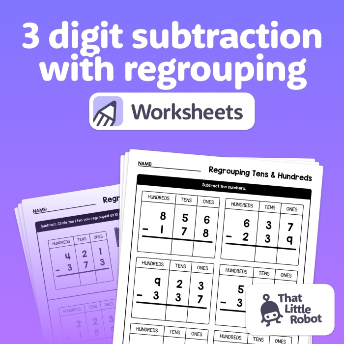 Engaging 3-Digit Subtraction Using Regrouping worksheet for second graders Colorful worksheet featuring second grade students solving 3-digit subtraction problems with regrouping while trying to catch bouncing balls