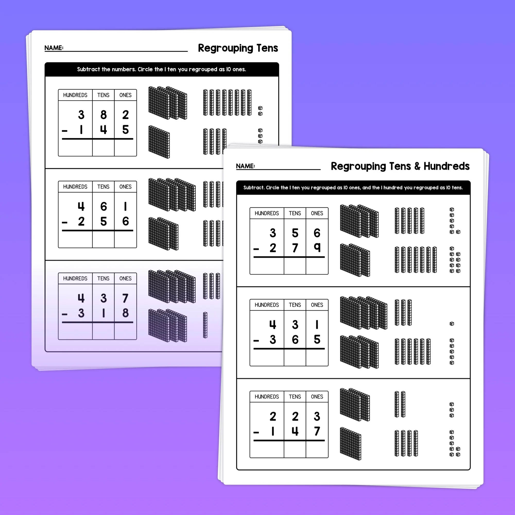 Second grade math worksheet focusing on 3-digit subtraction with regrouping through a fun bouncy ball theme Kids engaging with a 3-digit subtraction worksheet featuring bouncy balls and regrouping techniques