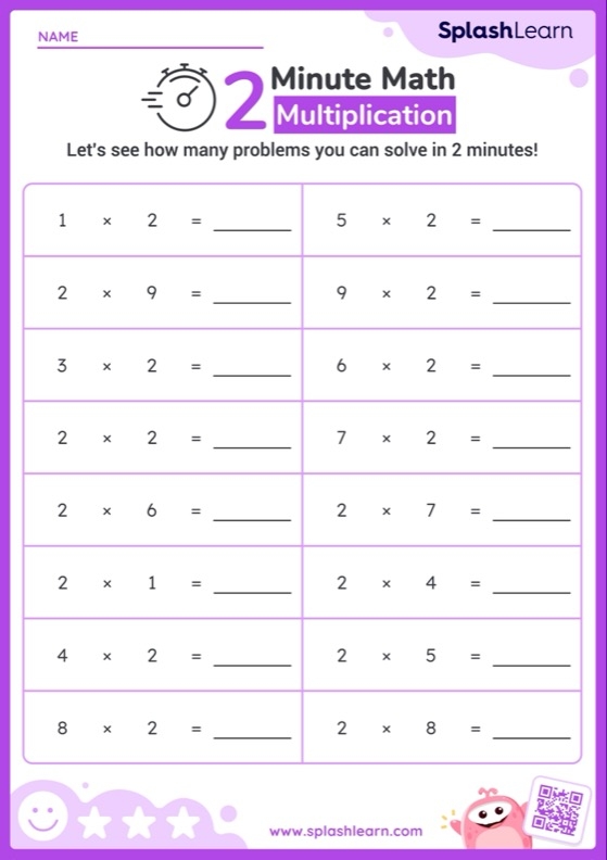 Multiplication worksheet designed for third graders to complete in three minutes