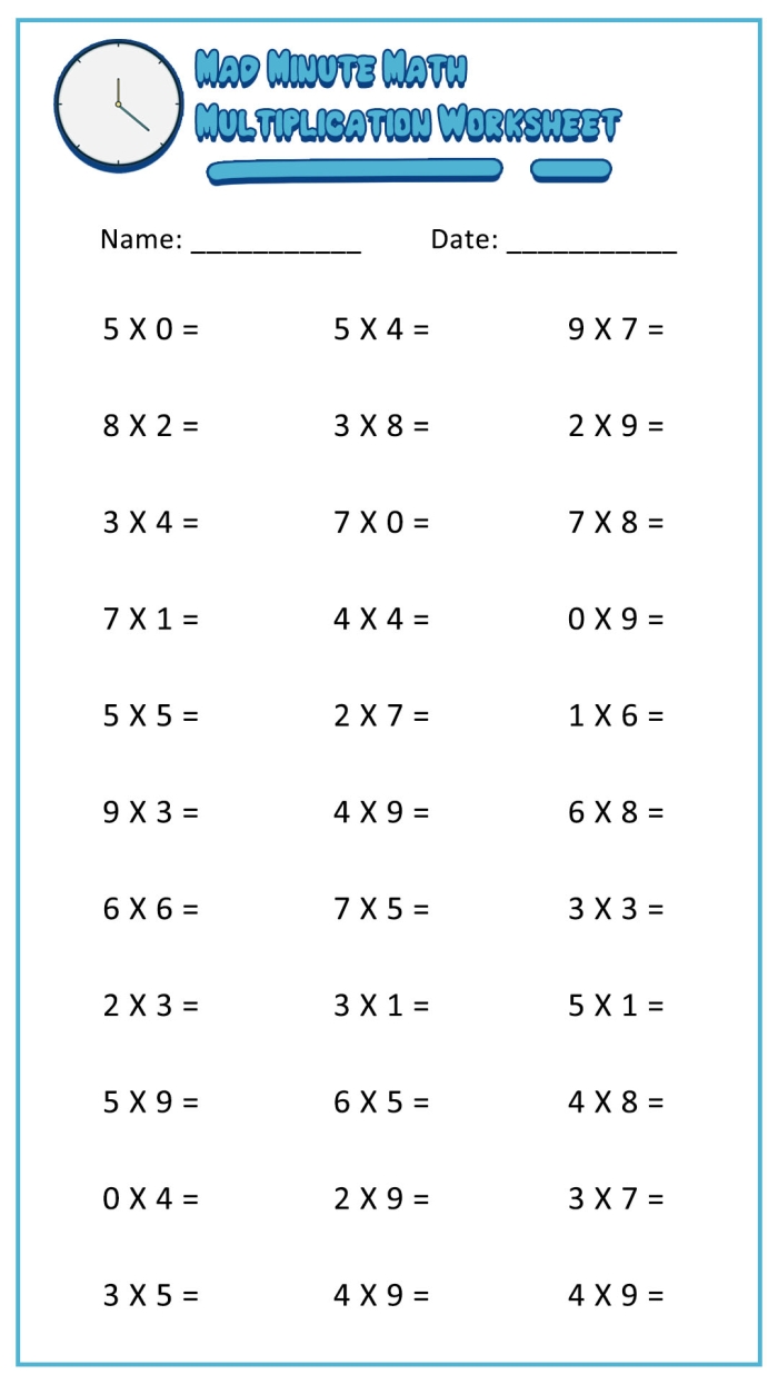 Third grade student solving a 3-minute multiplication practice sheet