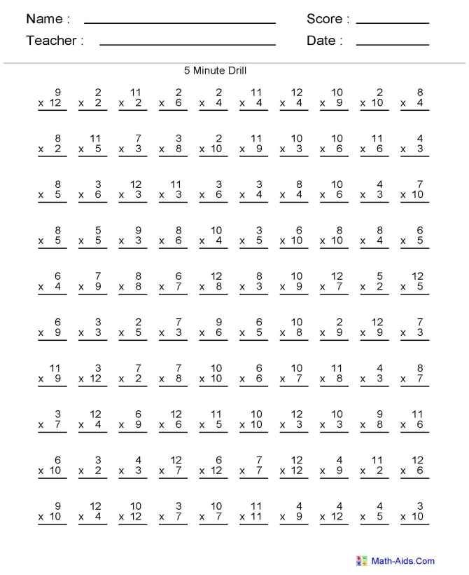 Third grade multiplication worksheet designed for a 3-minute math challenge