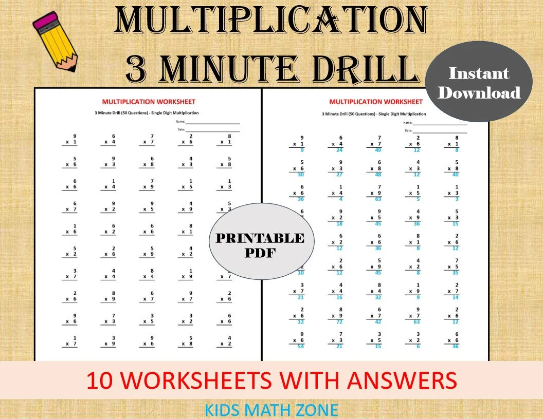 Third-grade student working on a 3-Minute Math multiplication worksheet