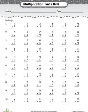 Third grade student practicing multiplication skills on a 3-minute math worksheet