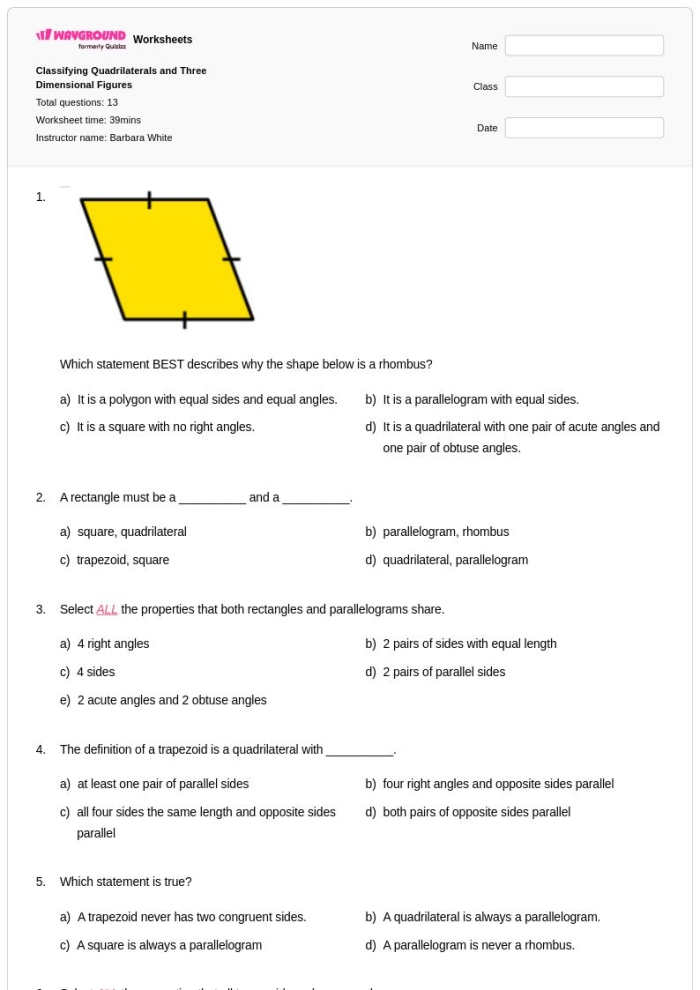 A seventh-grade geometry worksheet showing examples of cross sections created by slicing through three-dimensional figures like cubes, pyramids, and spheres
