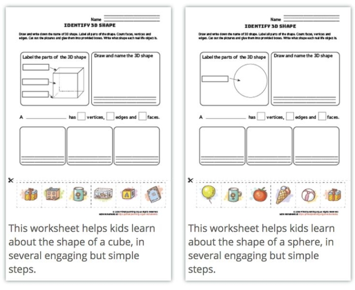 3D Geometric Shapes worksheet designed for first graders to explore shapes in their surroundings