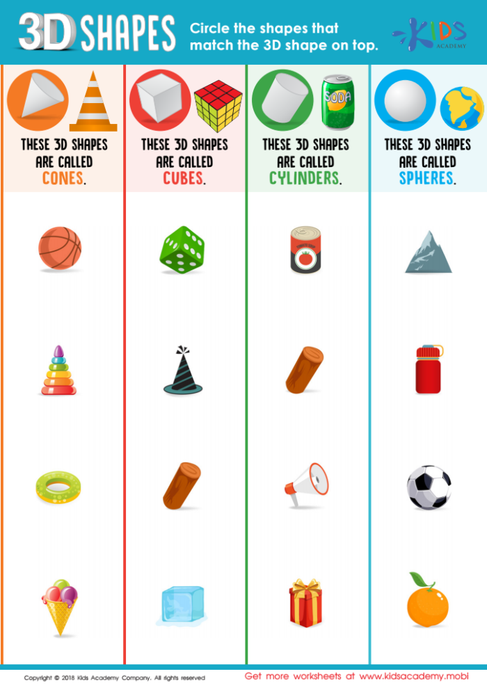 Worksheet featuring 3D geometric shapes for first graders to explore in their environment