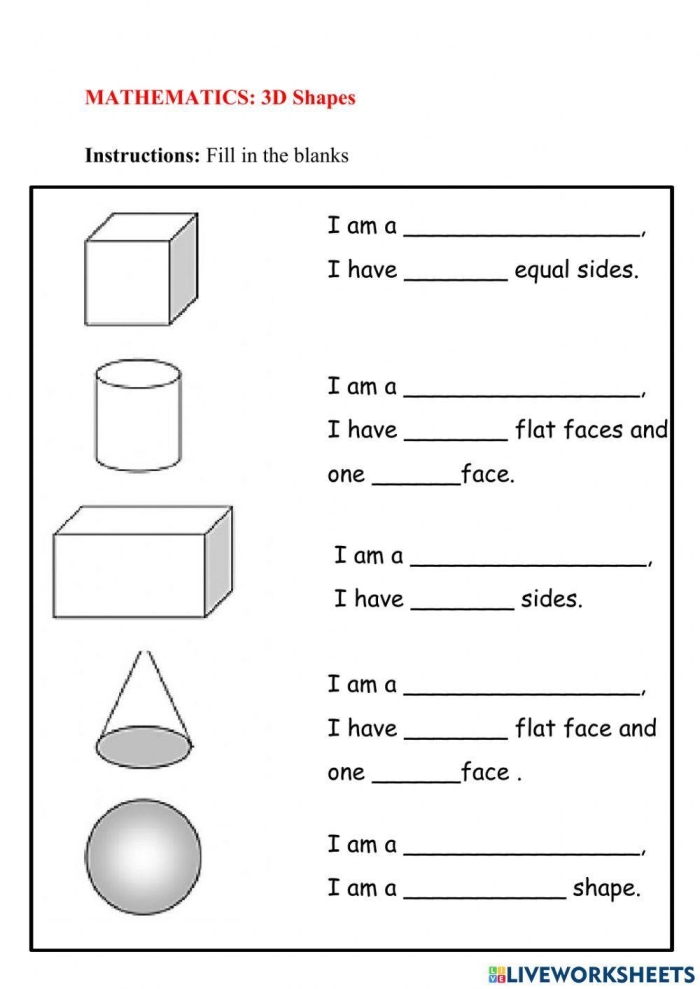 Worksheet for second graders to identify and describe 3-D shapes with faces, sides, and vertices