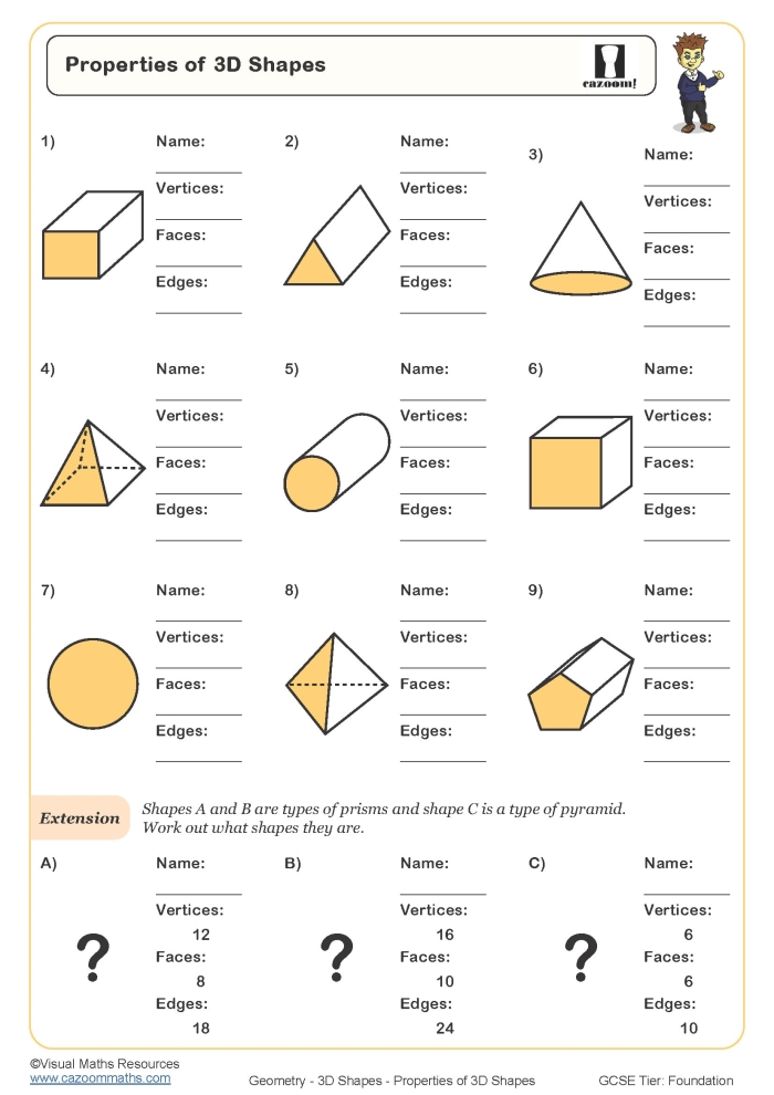Worksheet featuring 3-D shapes for labeling and counting faces, sides, and vertices