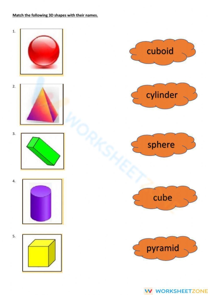 Worksheet for identifying 3-D shapes with a fill-in table for second graders