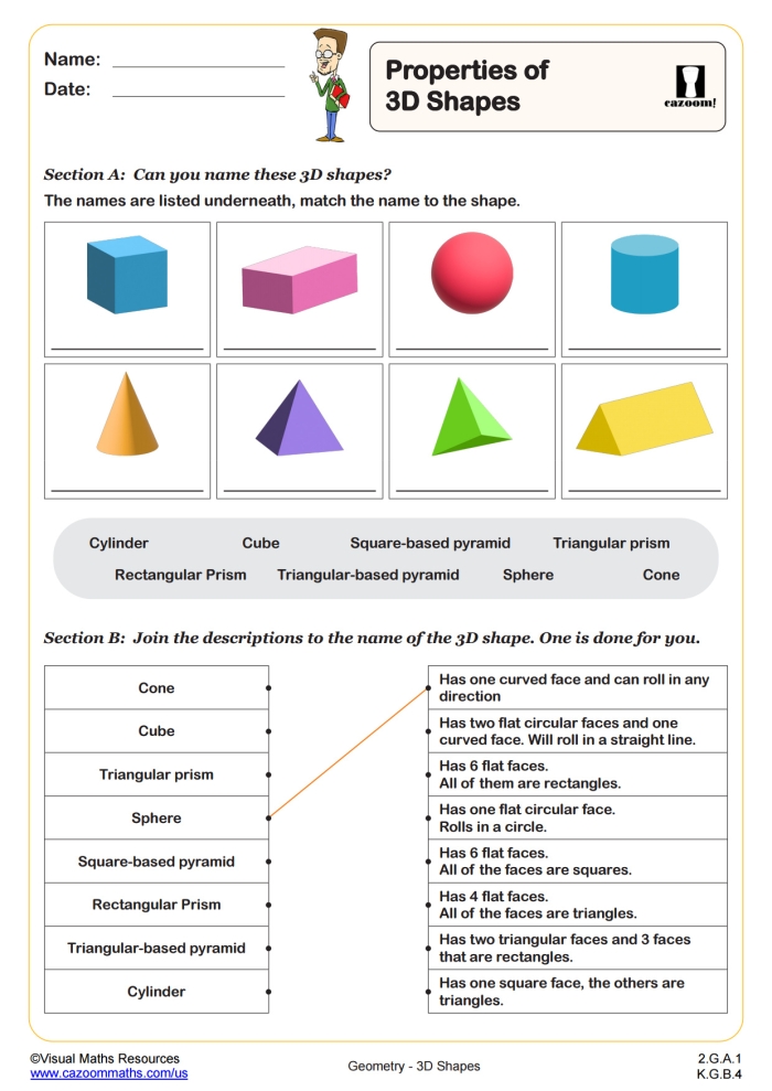 Worksheet for 3-D shapes with a fill-in table for students to complete. 3-D Shapes: Fill in the Table activity for second graders.