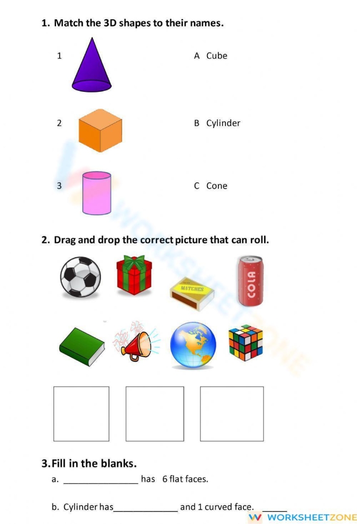 Pre-K worksheet page featuring a sphere, cube, cone, and cylinder for 3D shapes to life lesson 20