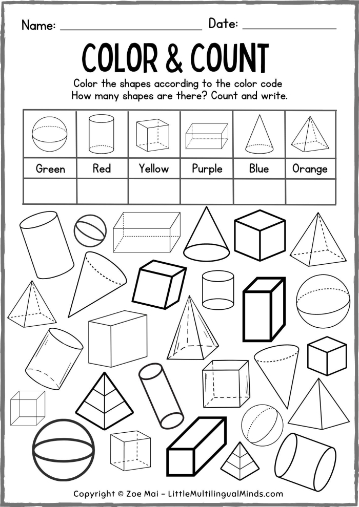 3D Shapes in the World worksheet for kindergarten learners number 24 Kindergarten students identifying 3D shapes on a colorful matching worksheet