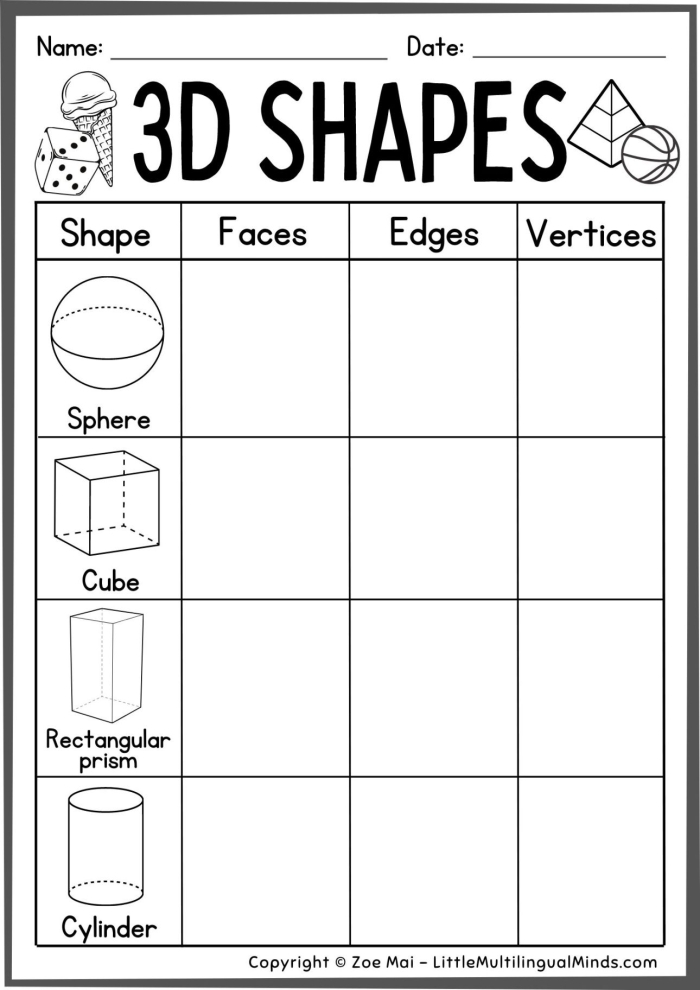 Worksheet for identifying and labeling 3-D shapes in geometry