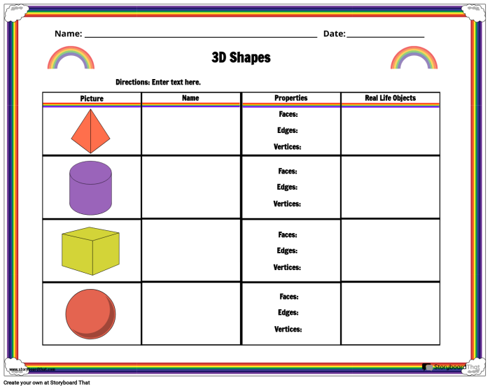 Worksheet displaying 3-D shapes for labeling and counting faces, sides, and vertices