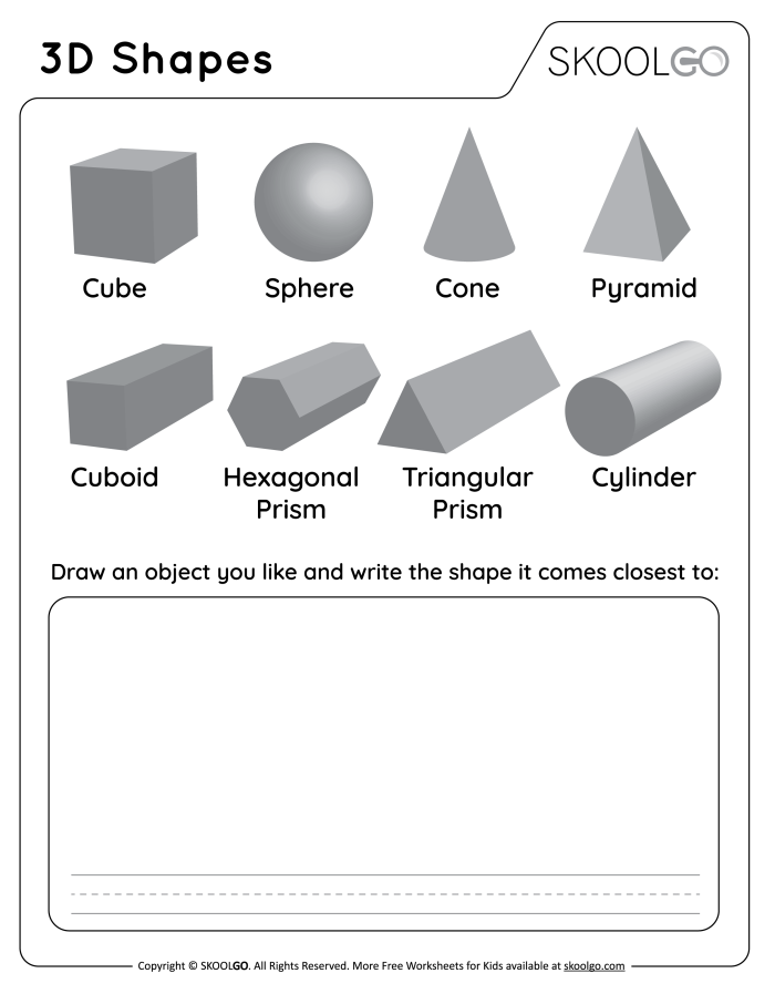 Worksheet featuring 3-D shapes for second graders to label and draw, including faces, sides, and vertices. 3-D Shapes: Fill in the Table worksheet for geometry practice in second grade.
