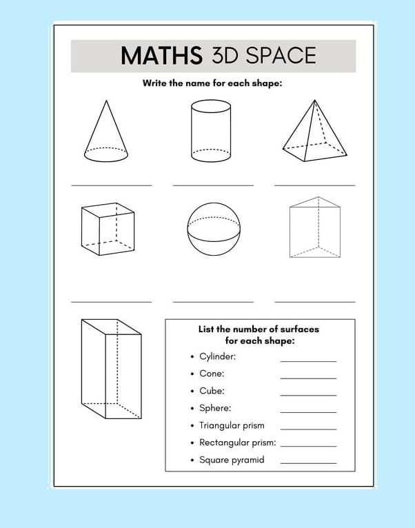 Engaging worksheet for recognizing three-dimensional shapes in a fun way First grade 3D shapes worksheet featuring tracing, coloring, and identification activities for kids
