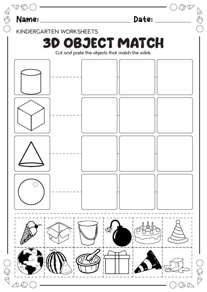 A colorful worksheet showing a sphere, cube, cone and cylinder with fun activities to explore 3D shapes for preschool learners