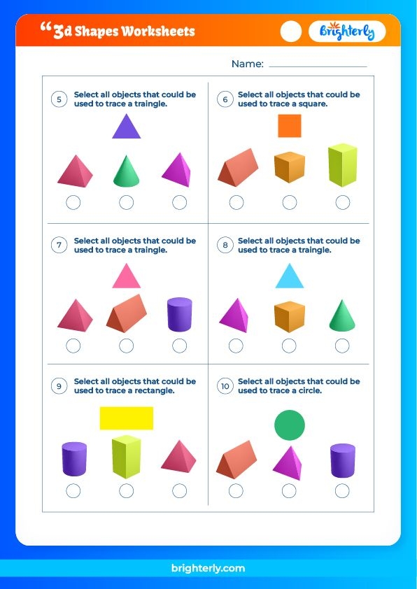 Colorful 3D geometric shapes including a sphere, cube, cone and cylinder for preschool learners