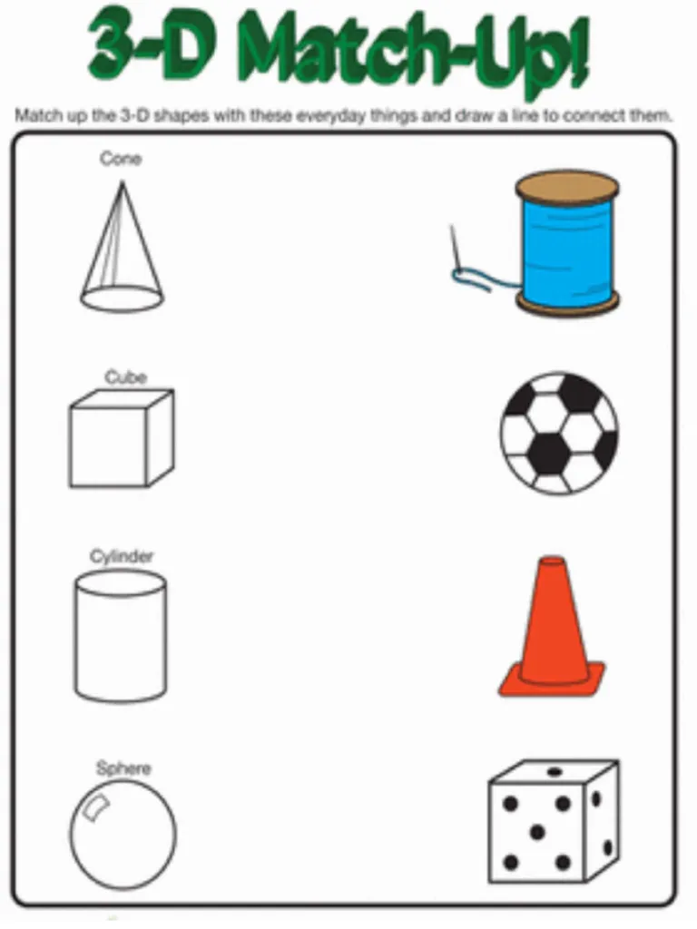 3D Shapes in Real Life Kindergarten Worksheet Match Activity Kindergarten worksheet featuring various 3D shapes matched with real life objects