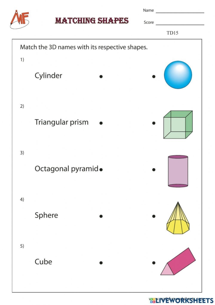 3D Shapes in Real Life Kindergarten Worksheet Four Kindergarten student matching 3D geometric solids to everyday objects on a worksheet