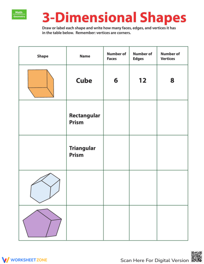 Worksheet for identifying and categorizing 3-D shapes in second grade geometry