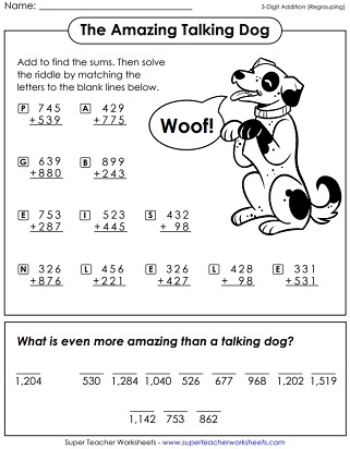 Third grade worksheet featuring 36 math problems for three-digit addition with regrouping