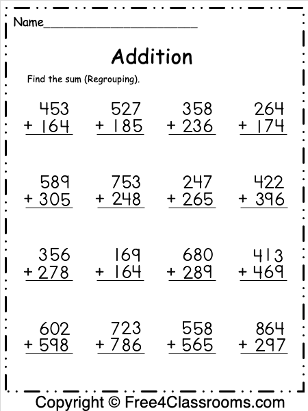 Third grade students practice three-digit addition with regrouping on a coral reef-themed worksheet
