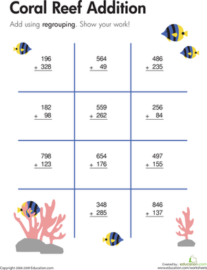Worksheet featuring practice problems for three-digit addition with regrouping