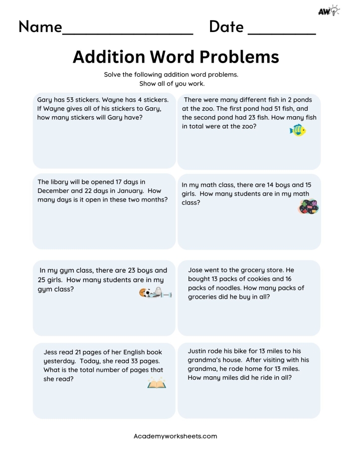 Add It Up worksheet example 17 showing kids working through multi-step addition problems with word problem context Third grade students solving addition word problems with two and three two-digit numbers using worksheet details and math strategies