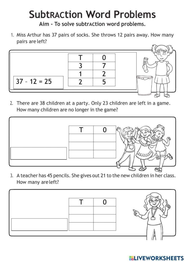 Two-Digit Addition and Subtraction Word Problems Practice Sheet 23 Third grade math word problems worksheet featuring two-digit addition and subtraction exercises with real-world scenarios for early assessment