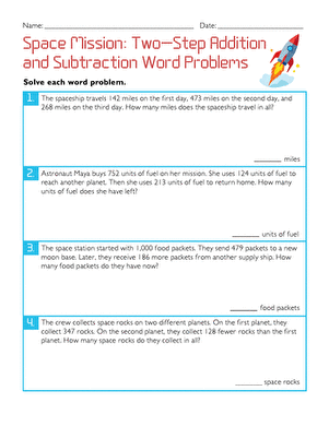 Third grade student working on a two-step addition and subtraction word problems check-in worksheet