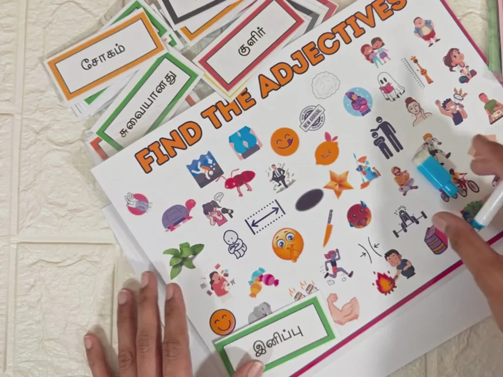 Find the Adjectives worksheet for third graders focusing on identifying adjectives and their corresponding nouns