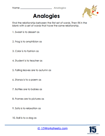Working with Analogies Practice Activity for Elementary Math Students A third grade math worksheet showing decimal analogies exercises where students identify word relationships and connections