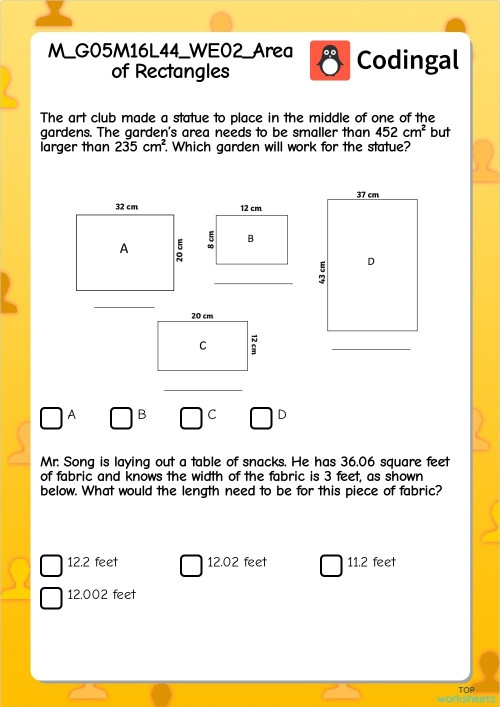 Worksheet featuring calculations for the area of rectangular rooms