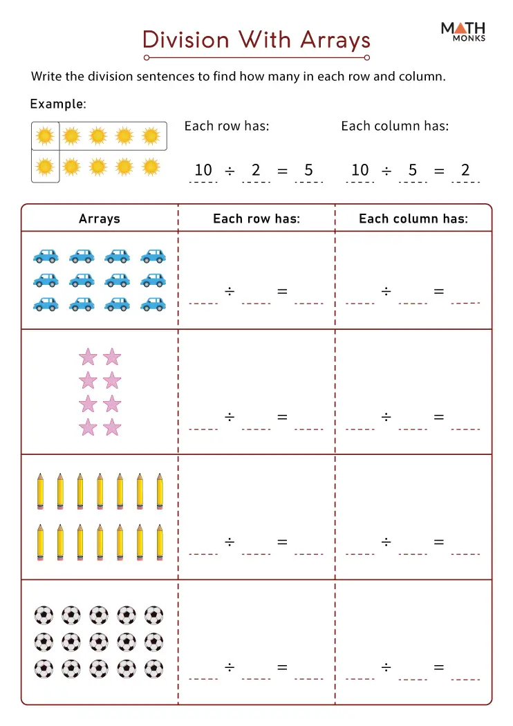 Third grade math worksheet showing division problems with arrays to help students visualize equal groups and find quotients