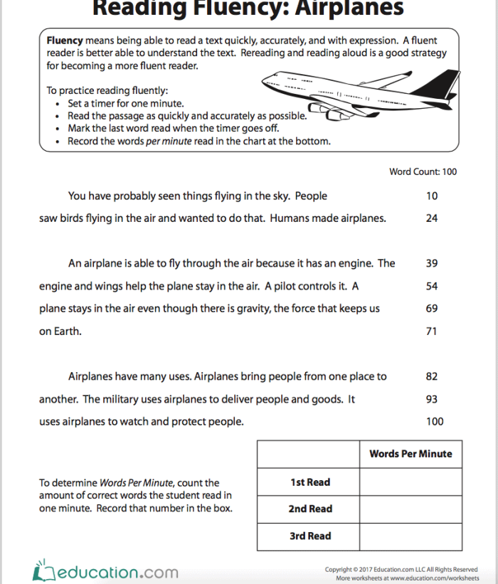 Third grade reading fluency practice worksheet featuring an autumn passage with comprehension questions