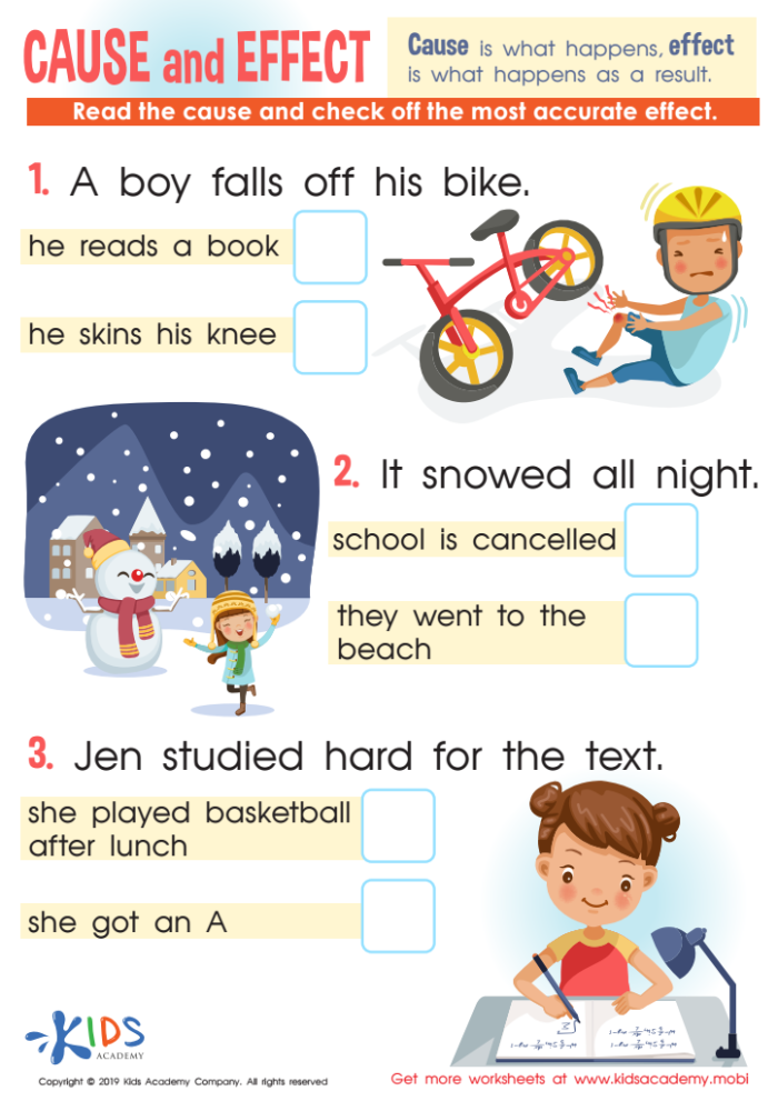 Cause and Effect worksheet for third graders focusing on word families and fiction passages