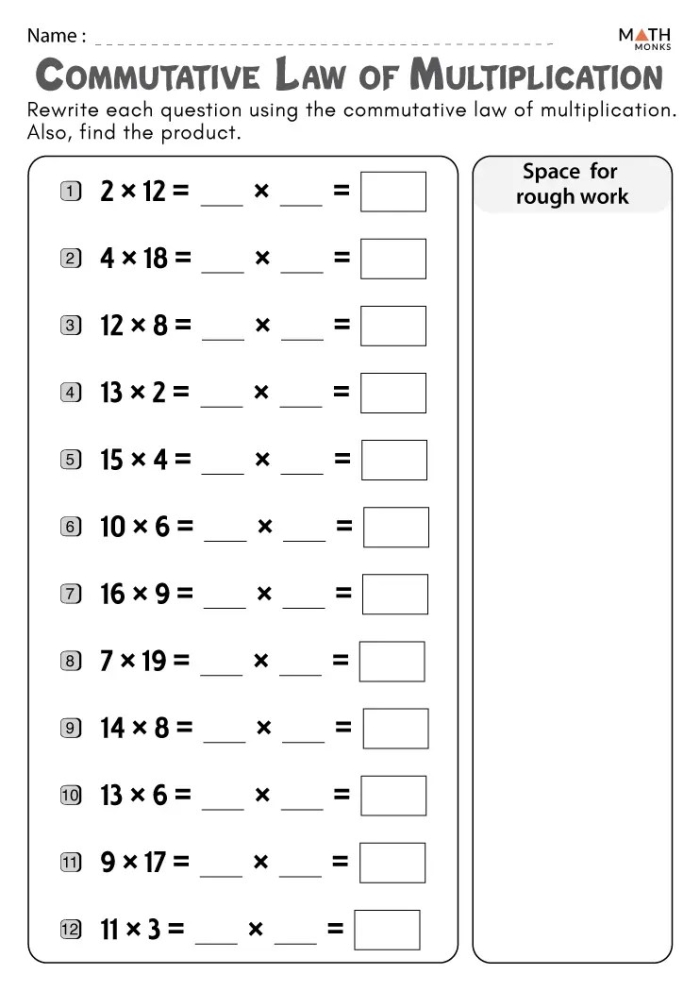 Third grade math worksheet with visual arrays illustrating the commutative property of multiplication Arrays showing 3 rows of 4 dots and 4 rows of 3 dots to demonstrate how multiplication order doesn't change the product
