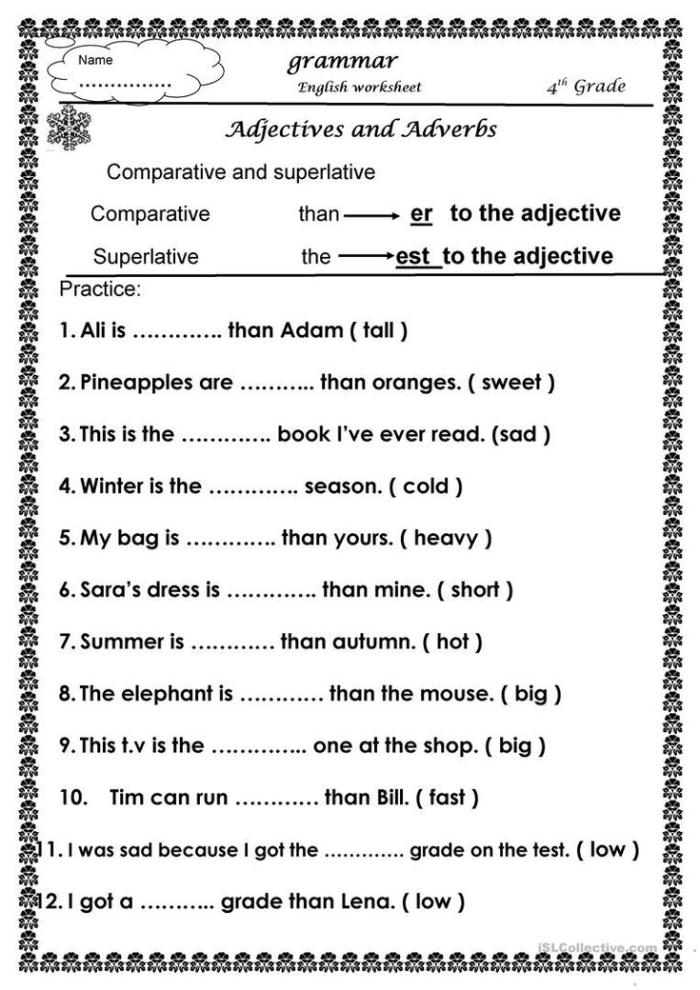 Third grade student worksheet focusing on regular and irregular comparative and superlative adjectives with twenty sentence exercises