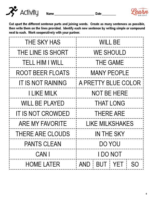Creating Compound Sentences Exercise 24 for Elementary Grammar Instruction Two simple sentences being combined with a comma and coordinating conjunction to form a compound sentence for third grade grammar practice