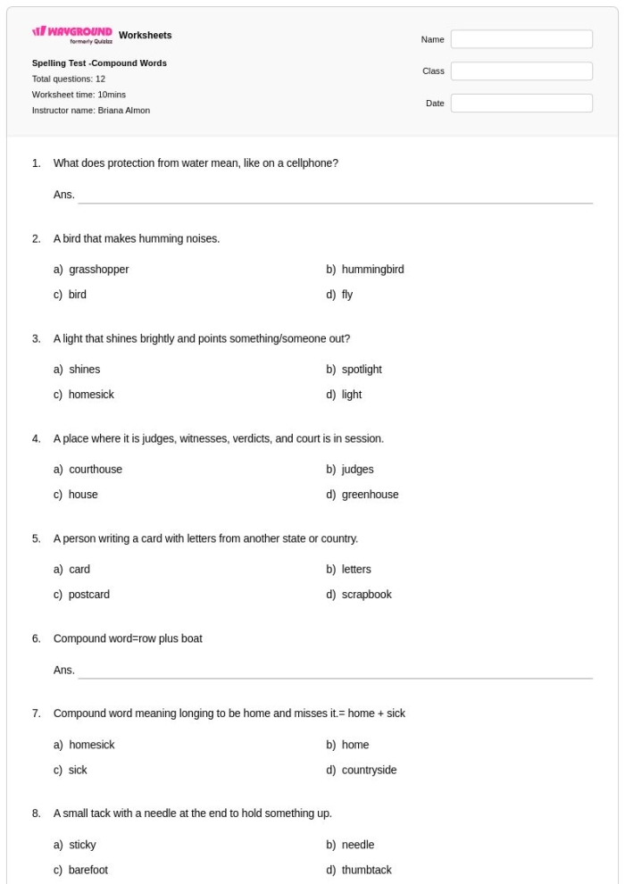 Worksheet for 3rd grade spelling skills focusing on compound words Third grade spelling test worksheet featuring compound words for practice
