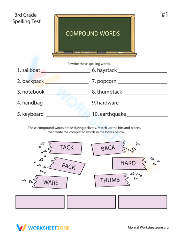 Practice your spelling skills with this fun compound words activity for third graders 3rd Grade worksheet featuring a spelling test on compound words
