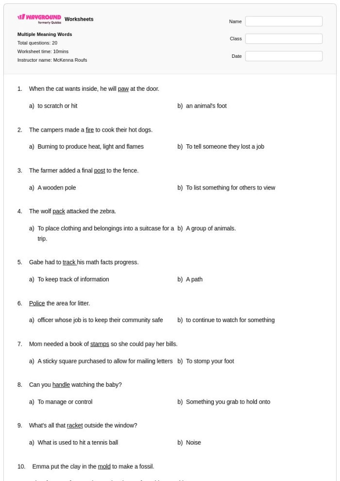 Third grade reading worksheet focused on identifying multiple meaning words using context clues