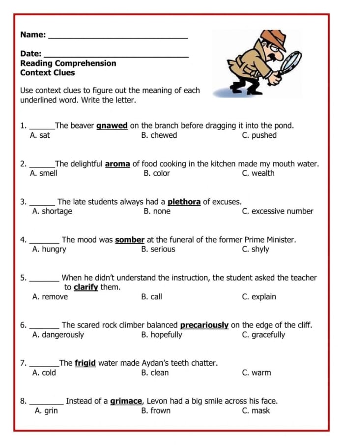 Third grade worksheet featuring reading exercises to help students identify word meanings using context clues