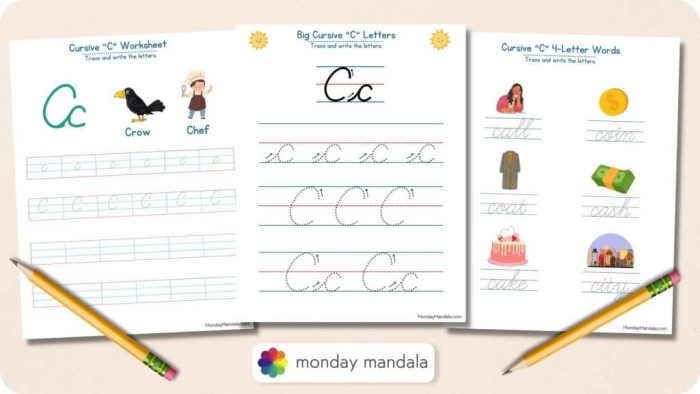 Third grade cursive C practice worksheet with tracing exercises and letter formation guides